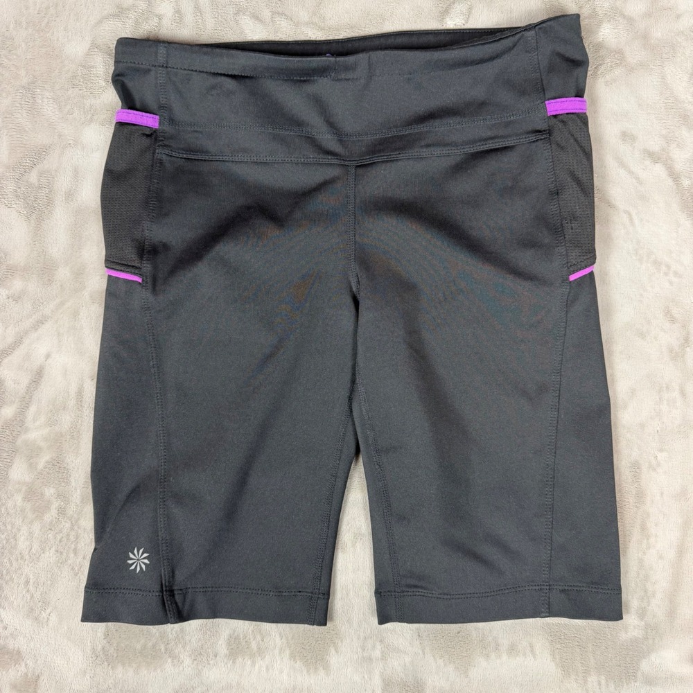 Athleta Be Free Running Shorts Black Purple Mesh Pockets Reflective Womens Small